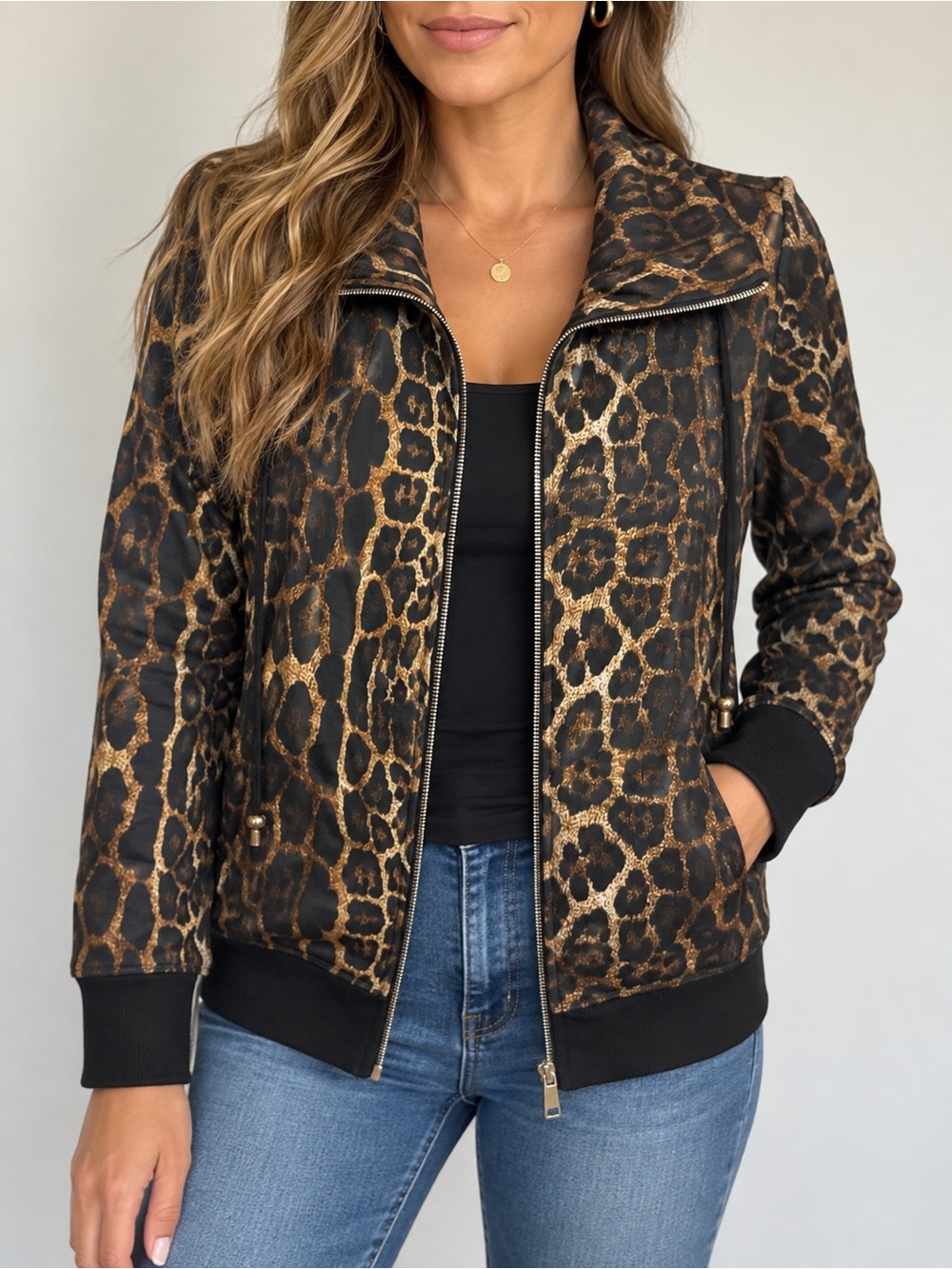 Neiman Marcus Exclusive Leopard Print Zip Up Track Jacket Size M